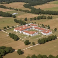 Vista aérea de um prédio escolar baixo de dois andares com pátios internos, cercado por árvores e áreas verdes