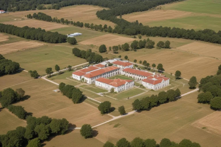 Vista aérea de um prédio escolar baixo de dois andares com pátios internos, cercado por árvores e áreas verdes