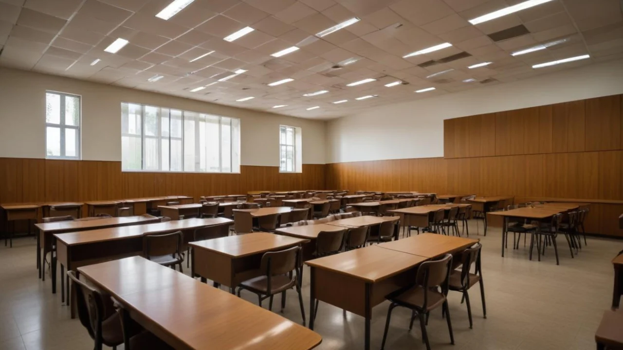 Sala de aula de escola pública com carteiras enfileiradas e luz natural pelas janelas