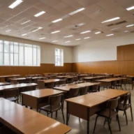 Sala de aula de escola pública com carteiras enfileiradas e luz natural pelas janelas