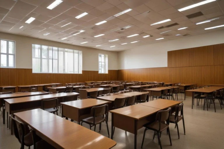 Sala de aula de escola pública com carteiras enfileiradas e luz natural pelas janelas