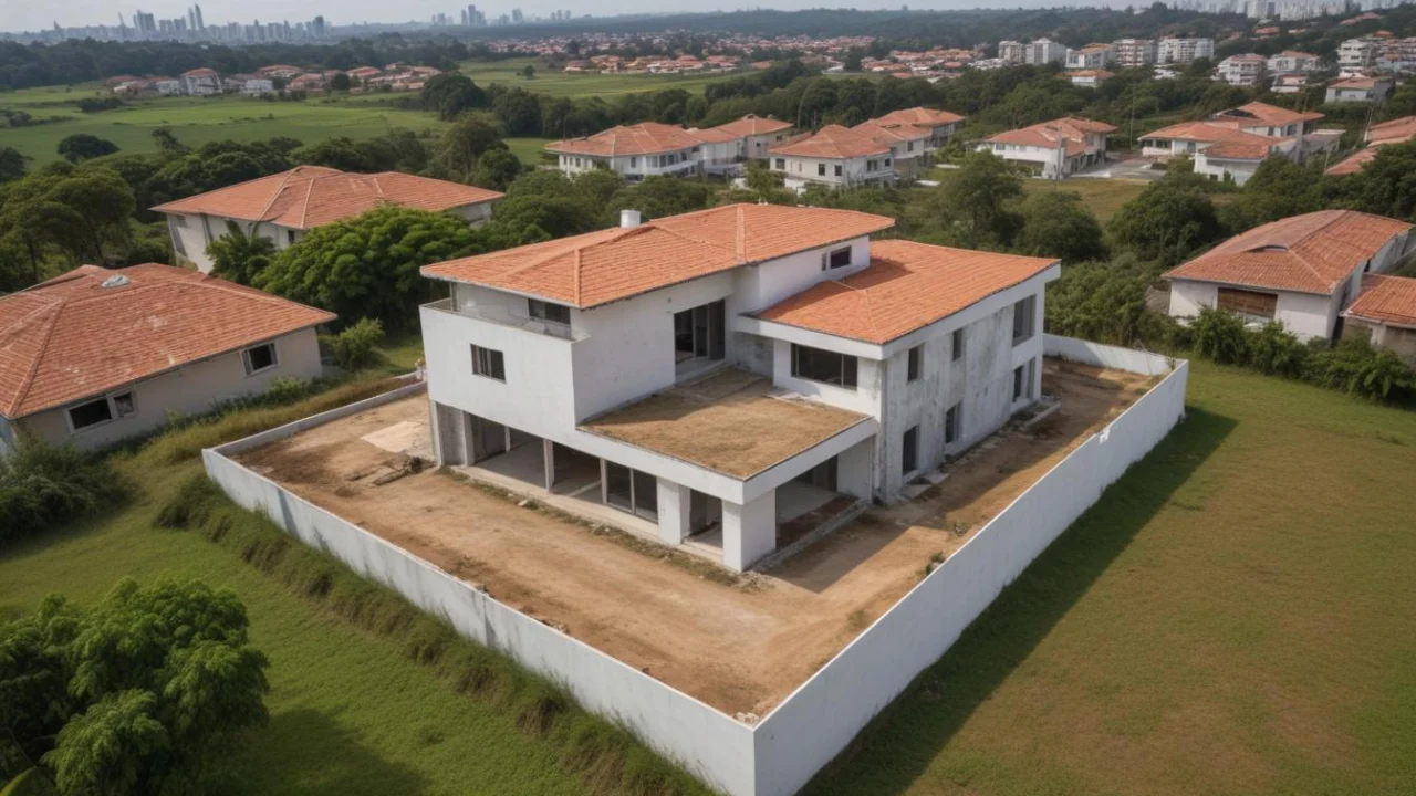 Casas em construção com telhado de barro em condomínio residencial visto de cima