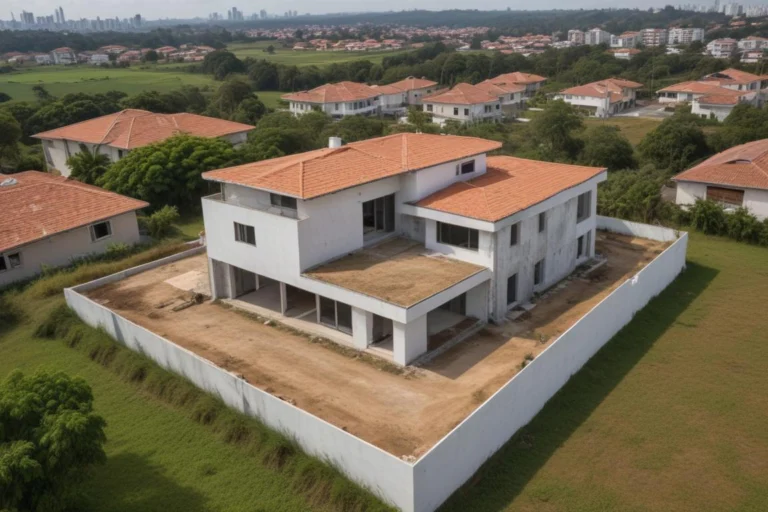Casas em construção com telhado de barro em condomínio residencial visto de cima