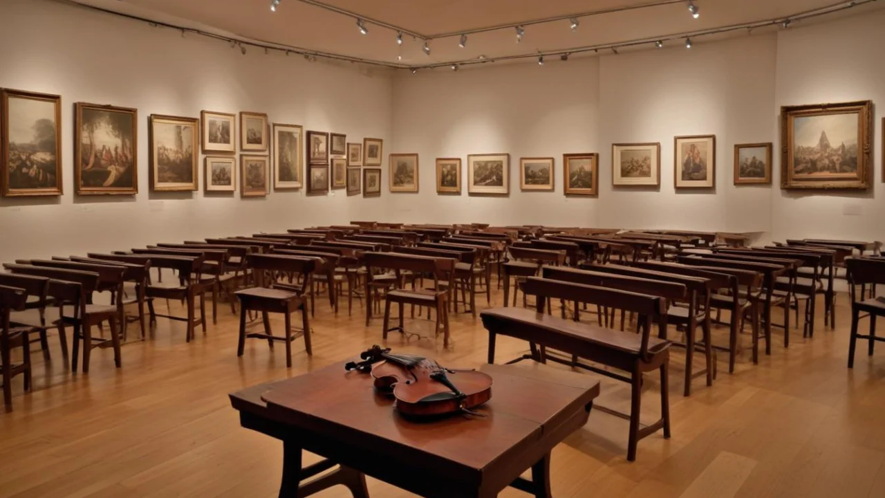 Espaço cultural com violas e objetos de museu em sala iluminada.