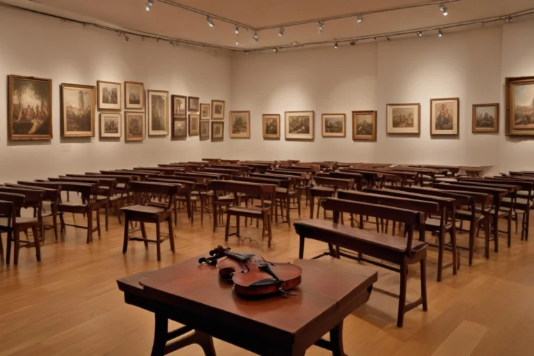 Espaço cultural com violas e objetos de museu em sala iluminada.