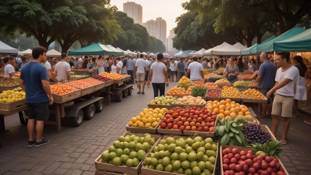 Feira em praça arborizada com bancas de frutas e hortaliças ao entardecer.