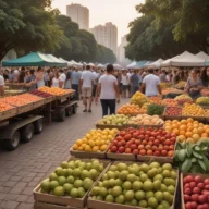 Feira em praça arborizada com bancas de frutas e hortaliças ao entardecer.