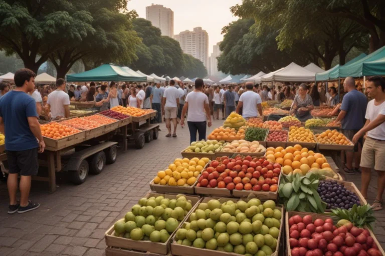 Feira em praça arborizada com bancas de frutas e hortaliças ao entardecer.