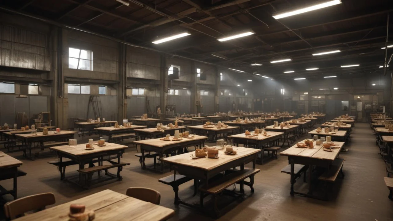Sala de treinamento em indústria de alimentos em Amparo, com bancadas e equipamentos de proteção, sem pessoas.