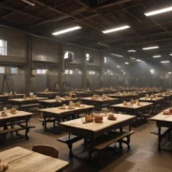Sala de treinamento em indústria de alimentos em Amparo, com bancadas e equipamentos de proteção, sem pessoas.