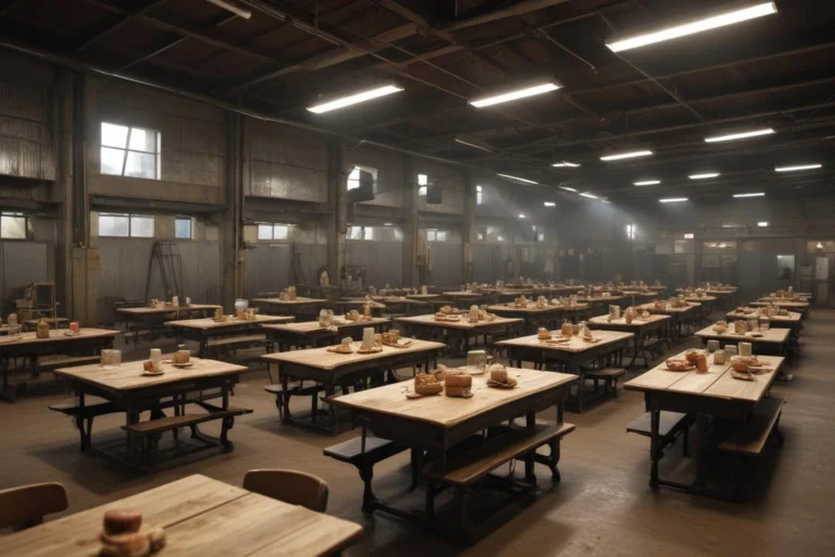 Sala de treinamento em indústria de alimentos em Amparo, com bancadas e equipamentos de proteção, sem pessoas.