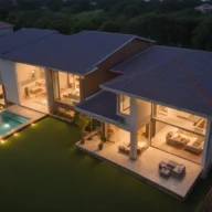 Rua residencial de bairro brasileiro ao anoitecer, com casas e prédios baixos iluminados
