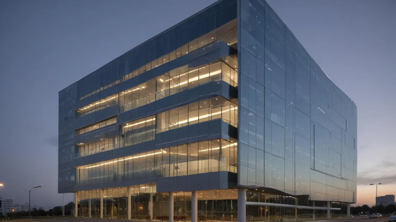 Fachada de vidro de edifício corporativo moderno ao anoitecer, com luzes acesas nos andares