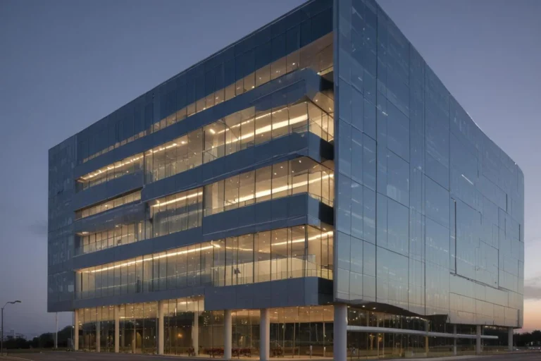 Fachada de vidro de edifício corporativo moderno ao anoitecer, com luzes acesas nos andares