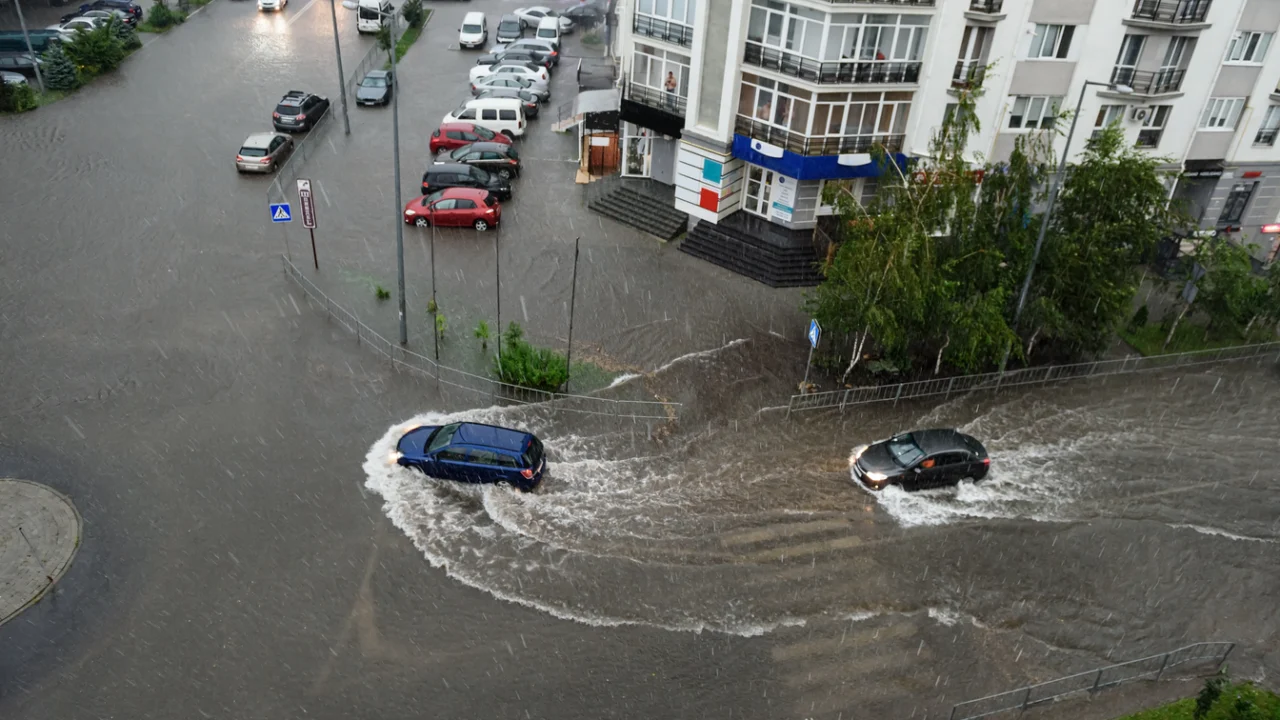 Rua de cidade do interior paulista alagada durante chuva forte, com carros atravessando a água no cruzamento.