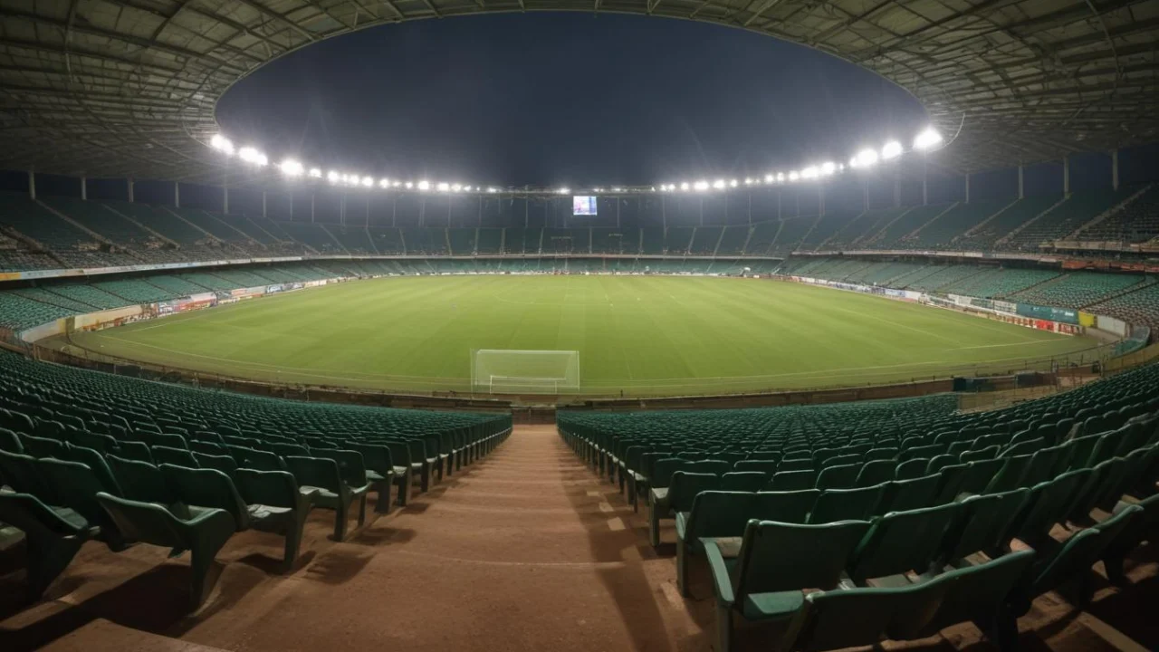 Estádio de futebol em Araraquara ao fim da tarde, com gramado verde, bola perto da linha de escanteio e arquibancadas desfocadas.