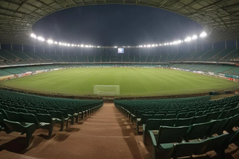 Estádio de futebol em Araraquara ao fim da tarde, com gramado verde, bola perto da linha de escanteio e arquibancadas desfocadas.