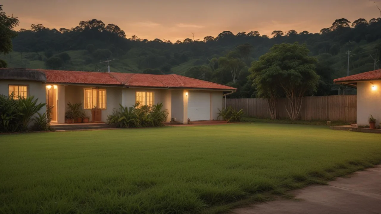 Casa residencial simples com garagem e muro baixo em rua de bairro no fim da tarde