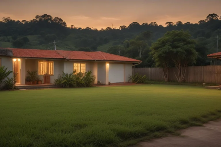 Casa residencial simples com garagem e muro baixo em rua de bairro no fim da tarde