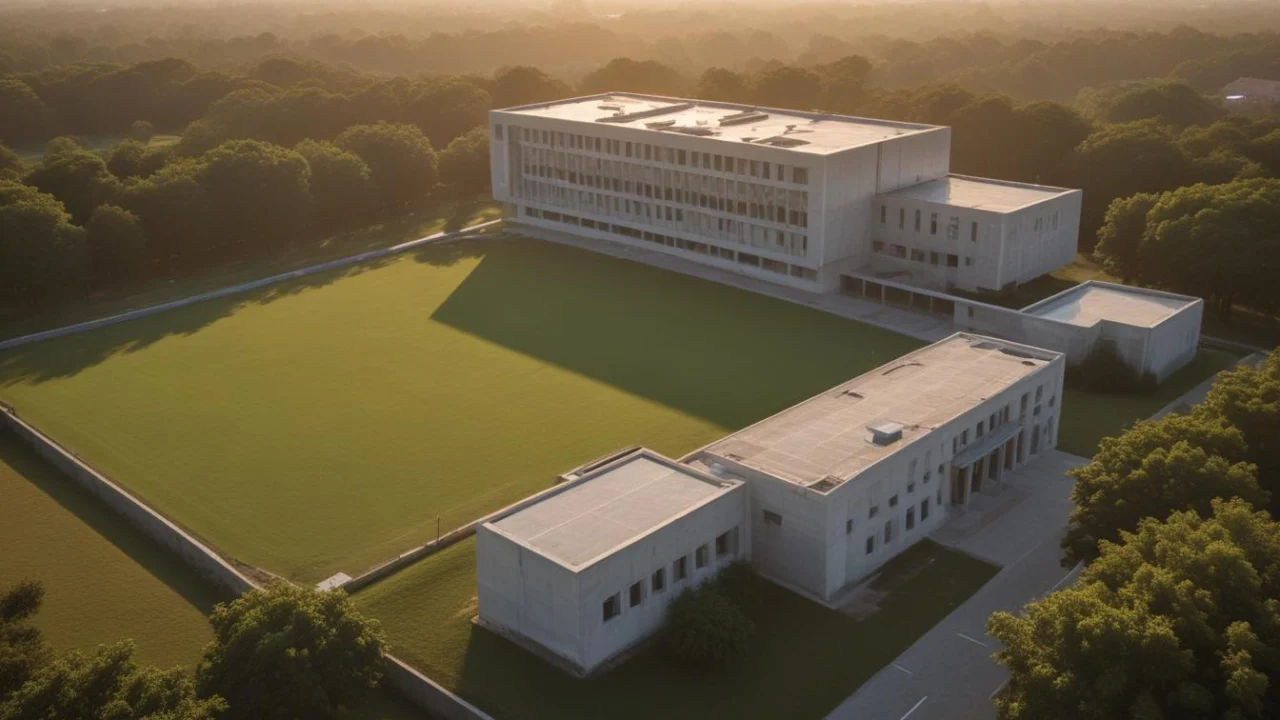 Prédio de campus universitário público de concreto entre área verde ao amanhecer