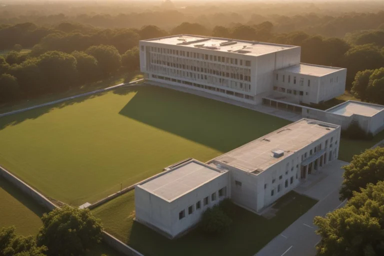 Prédio de campus universitário público de concreto entre área verde ao amanhecer