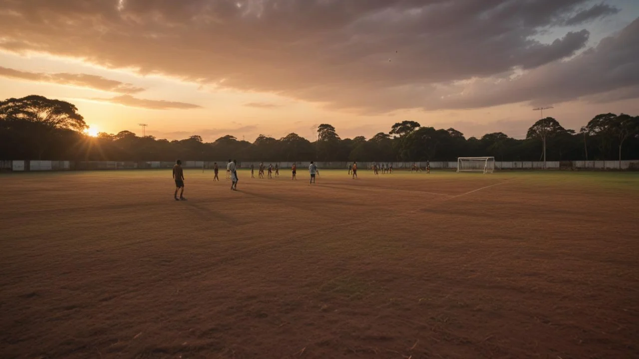 Campo de futebol vazio com alambrado metálico ao entardecer, sem representar o local real do acidente.