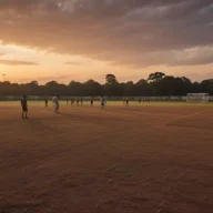 Campo de futebol vazio com alambrado metálico ao entardecer, sem representar o local real do acidente.