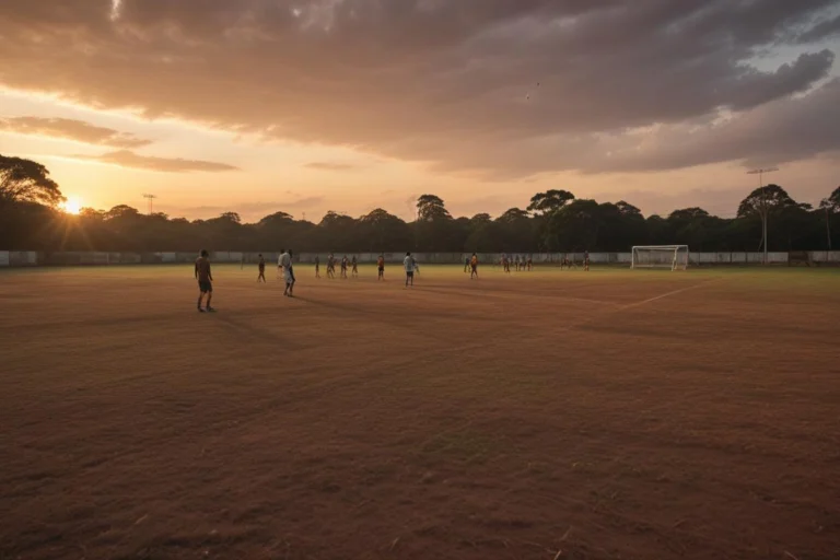 Campo de futebol vazio com alambrado metálico ao entardecer, sem representar o local real do acidente.