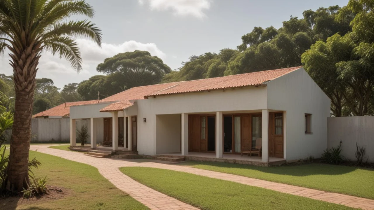 Casa residencial de um andar com jardim, calçada de tijolos e árvores ao redor, em dia claro