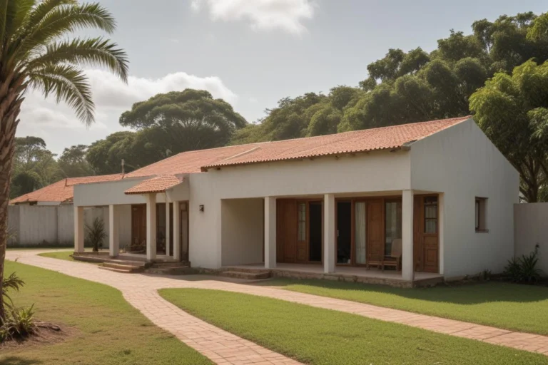 Casa residencial de um andar com jardim, calçada de tijolos e árvores ao redor, em dia claro