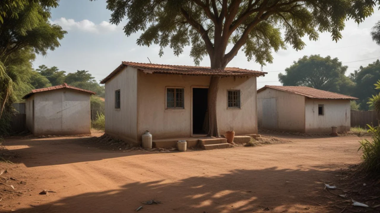 Casas simples de bairro com quintal de terra e arvore em manha de sol
