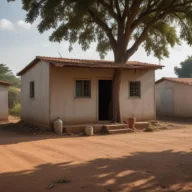 Casas simples de bairro com quintal de terra e arvore em manha de sol