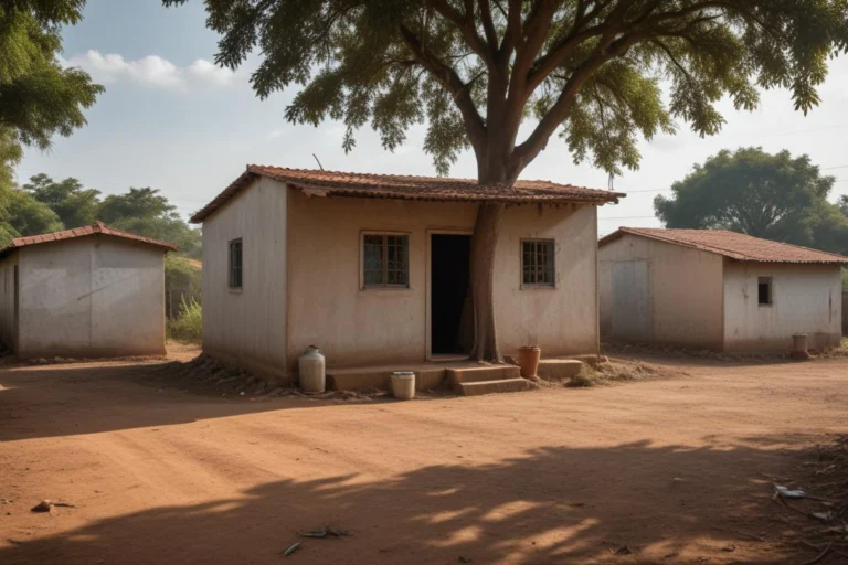 Casas simples de bairro com quintal de terra e arvore em manha de sol