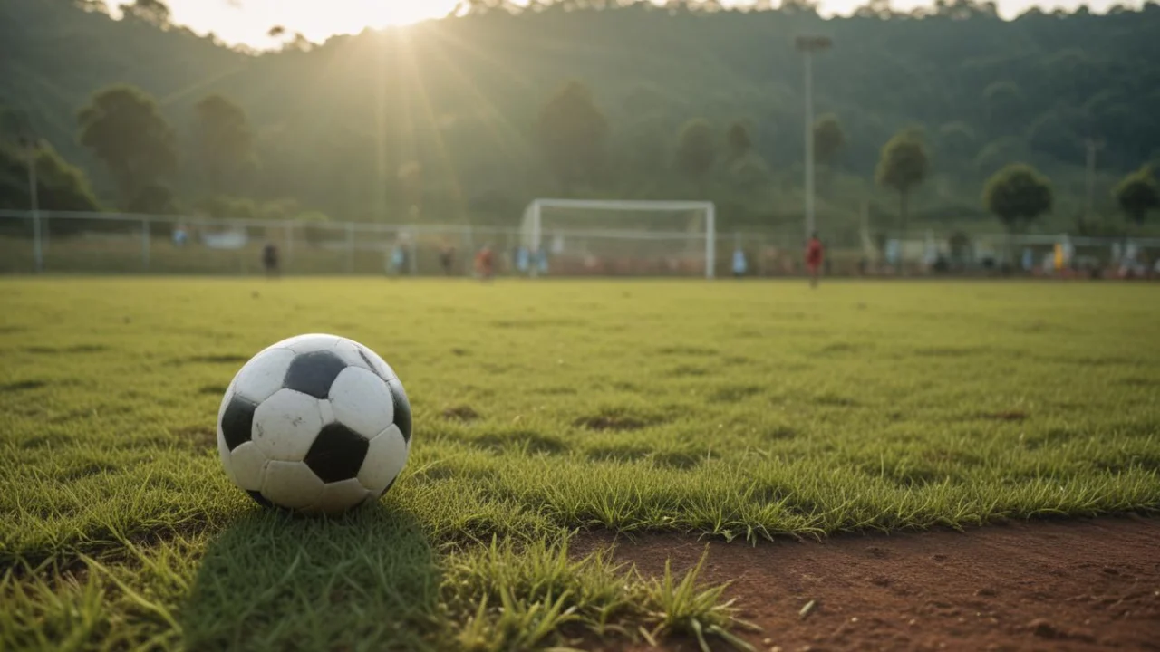 Bola de futebol em campo de grama com trave ao fundo