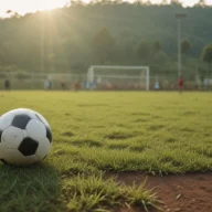 Bola de futebol em campo de grama com trave ao fundo
