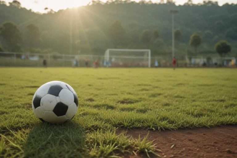 Bola de futebol em campo de grama com trave ao fundo