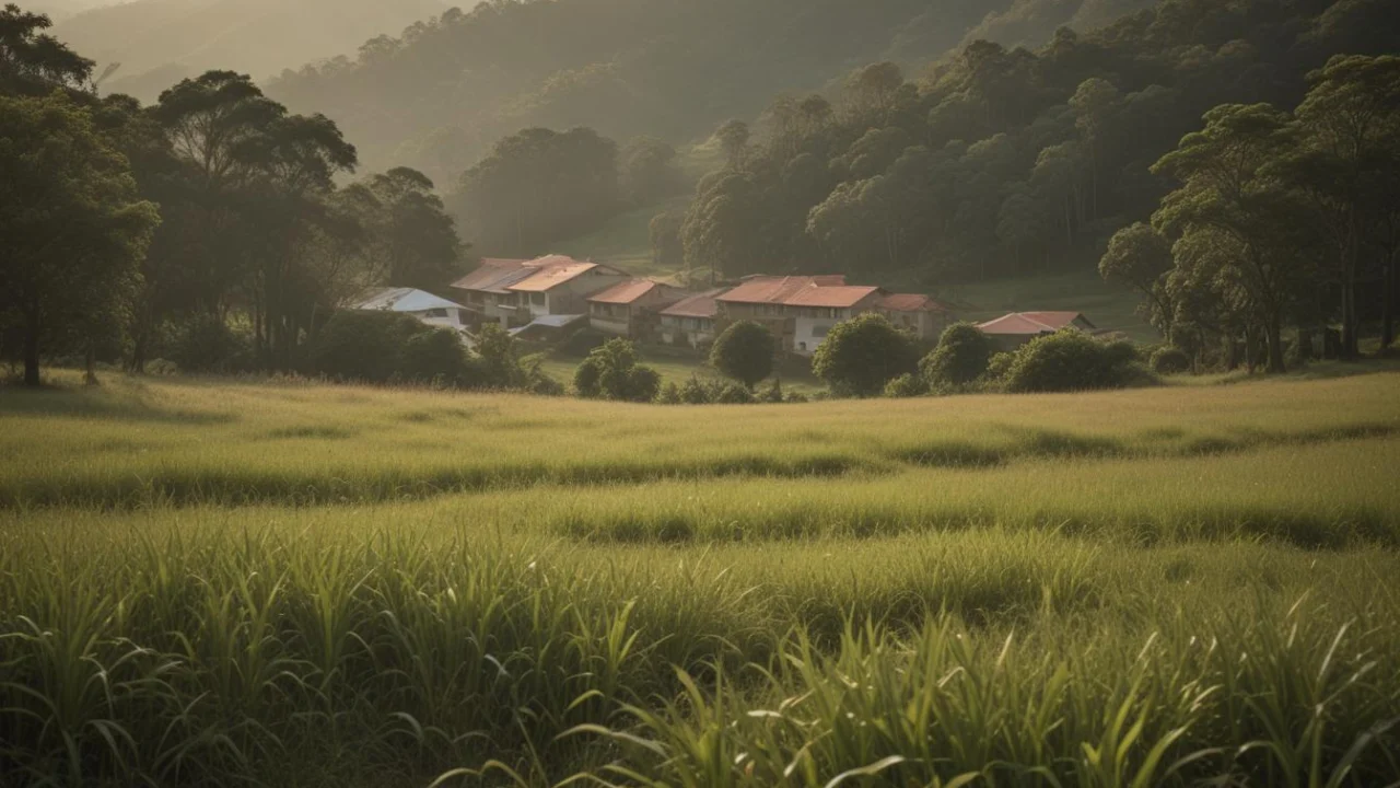 Campo de vegetacao alta com arvores e casas ao fundo em area rural