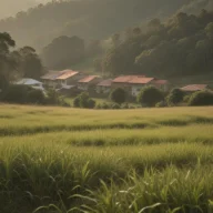 Campo de vegetacao alta com arvores e casas ao fundo em area rural