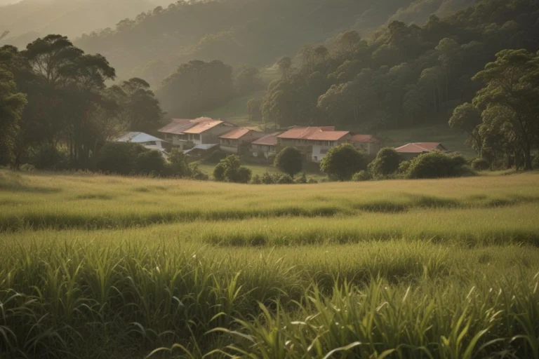 Campo de vegetacao alta com arvores e casas ao fundo em area rural