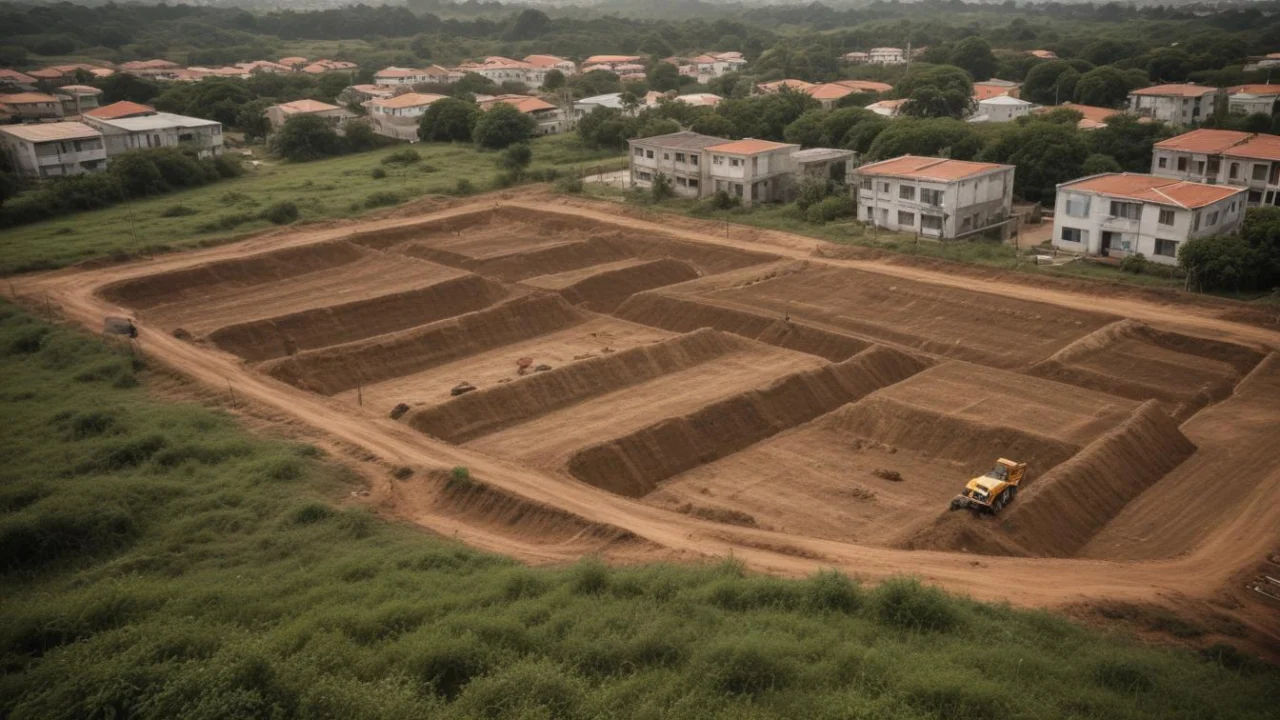 Máquina escavadeira em terreno de obras visto de cima