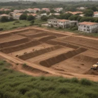 Máquina escavadeira em terreno de obras visto de cima