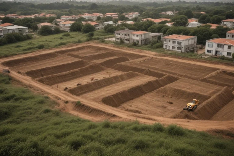 Máquina escavadeira em terreno de obras visto de cima