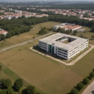 Vista aérea de prédio público de dois andares com áreas verdes ao redor, em dia claro