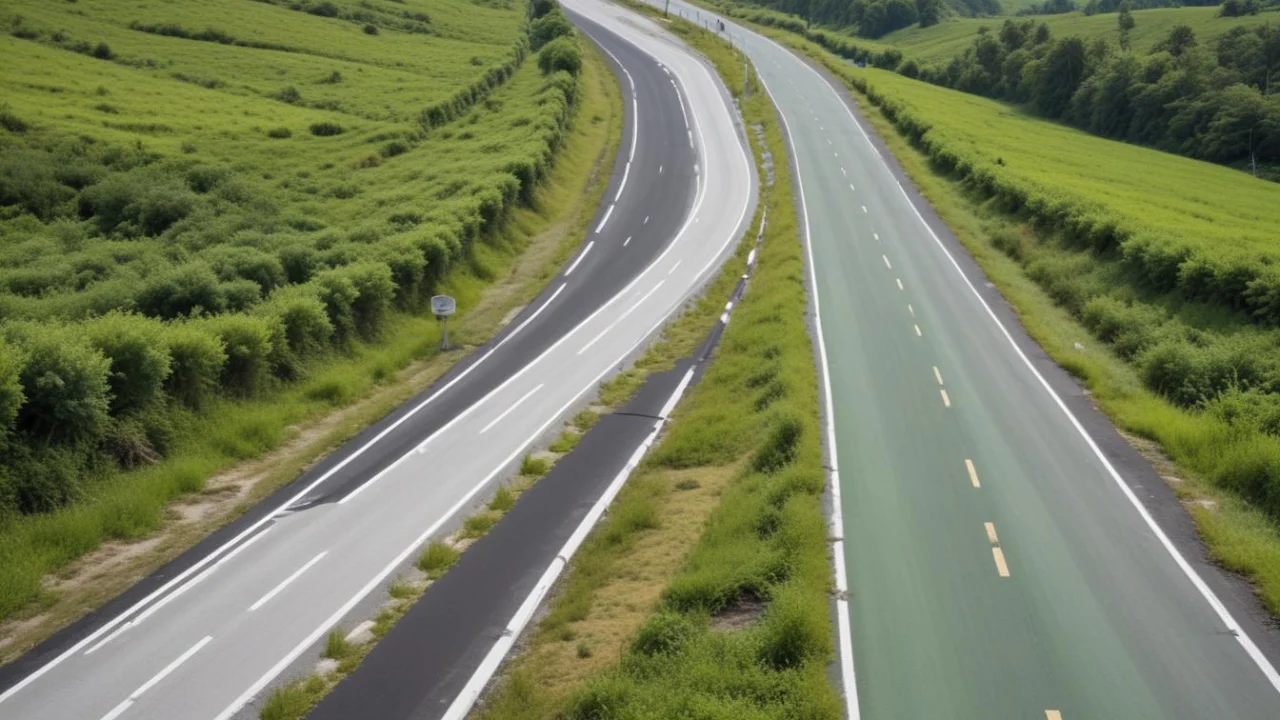 Vista aérea de rodovia de pista dupla no interior paulista, com faixas de rolamento e vegetação nas margens