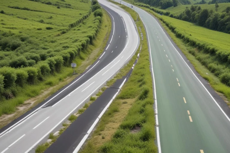 Vista aérea de rodovia de pista dupla no interior paulista, com faixas de rolamento e vegetação nas margens