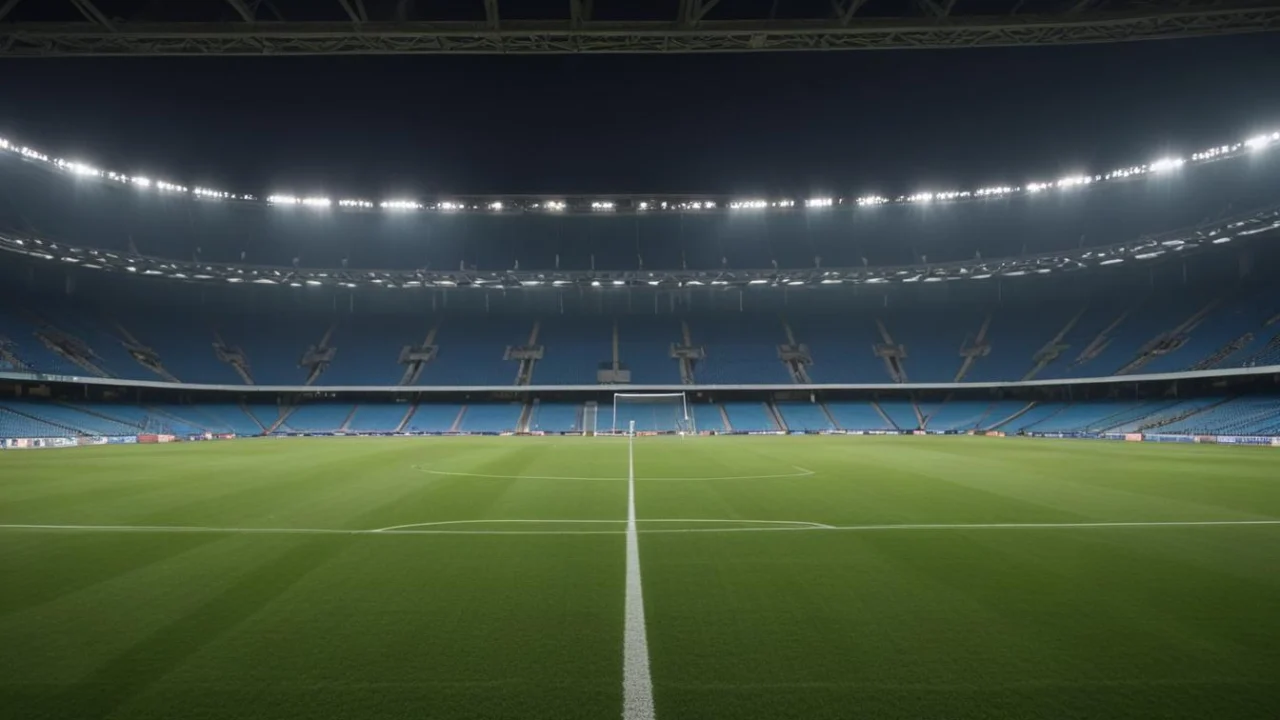 Estádio de futebol vazio à noite, com o gramado iluminado pelos refletores e arquibancadas ao fundo