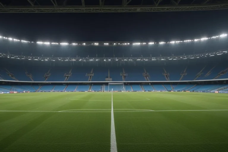 Estádio de futebol vazio à noite, com o gramado iluminado pelos refletores e arquibancadas ao fundo