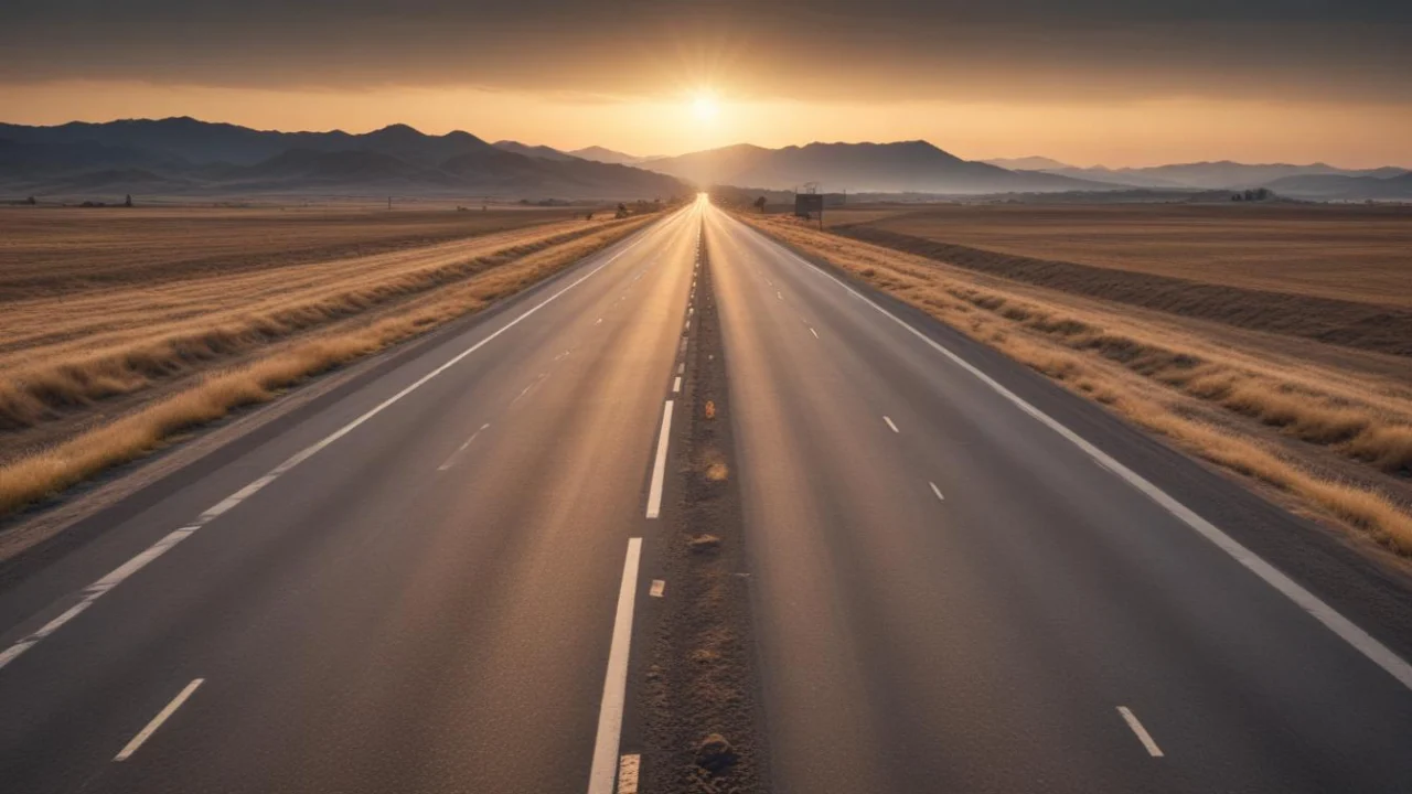 Rodovia vazia ao amanhecer vista do centro da pista, com faixas de asfalto e morros ao fundo