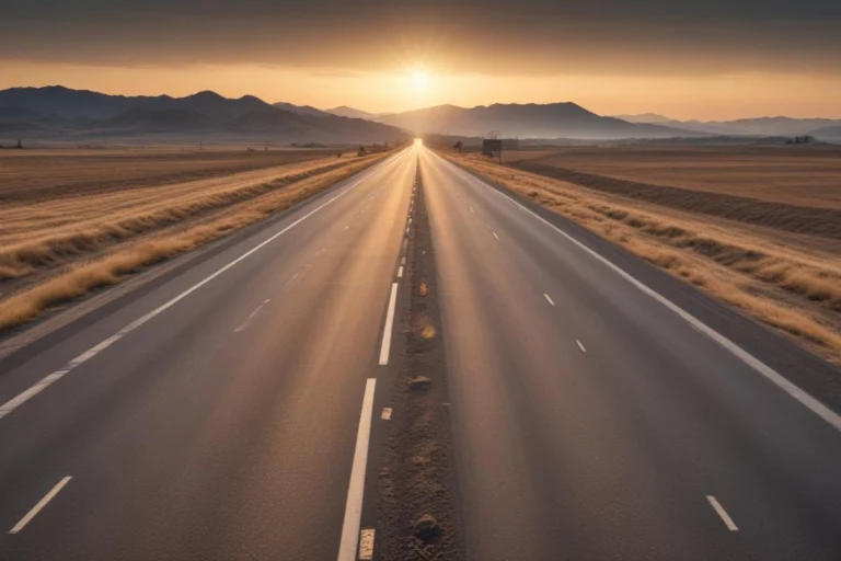 Rodovia vazia ao amanhecer vista do centro da pista, com faixas de asfalto e morros ao fundo