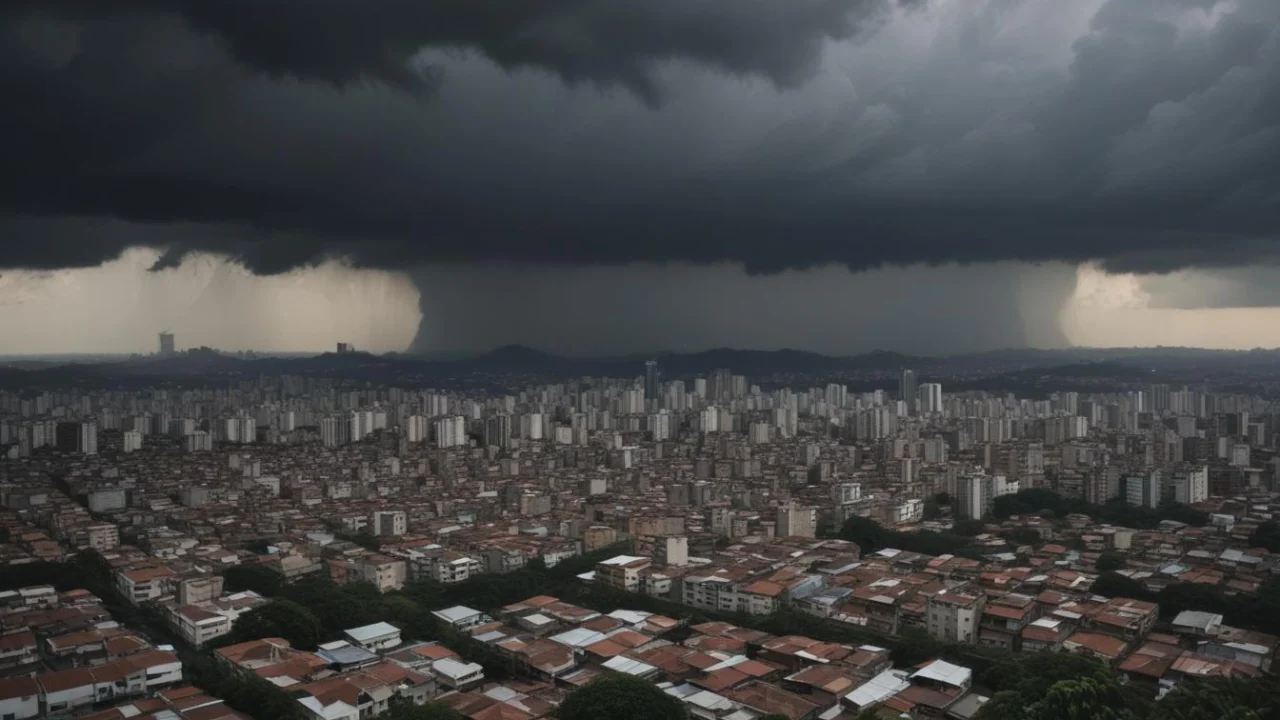 Nuvens escuras de tempestade sobre a cidade, com chuva ao fundo, em fotografia aérea